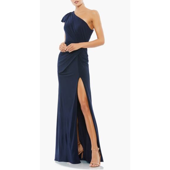 MAC DUGGAL Dress Size 2 Evening Gown Navy Blue NEW Stretch Jersey One Shoulder - Picture 1 of 6
